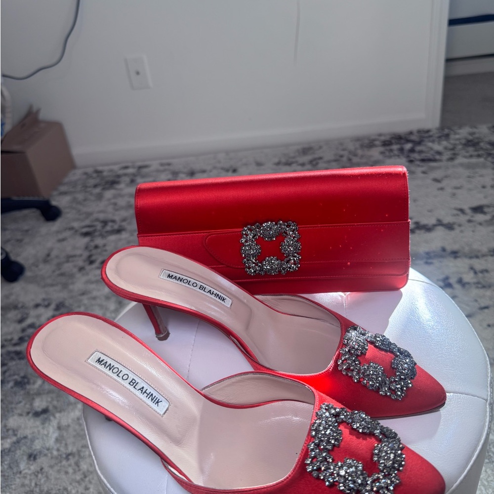 Manolo Blahnik Red Satin Heels with Sparkling Buckle